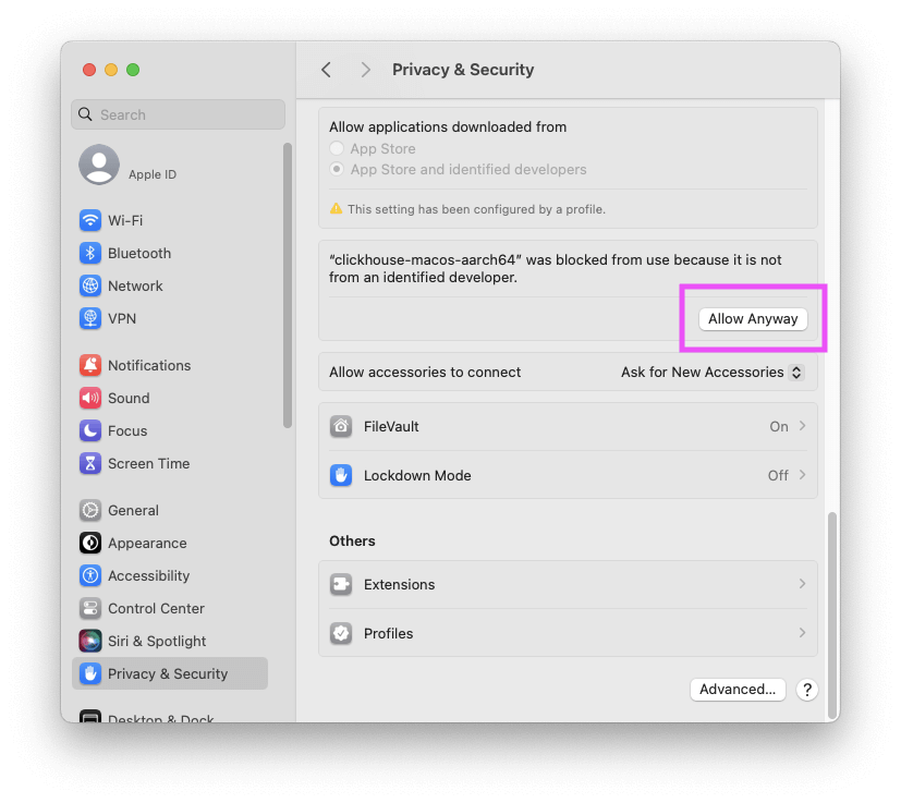 macOS Privacy & Security 설정에서 Allow Anyway 버튼을 표시하는 화면